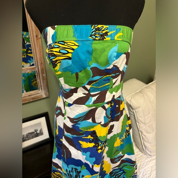 Strapless dress Tropical Sz 8 Medium Blue Green Floral Dress cotton lined - Picture 3 of 11
